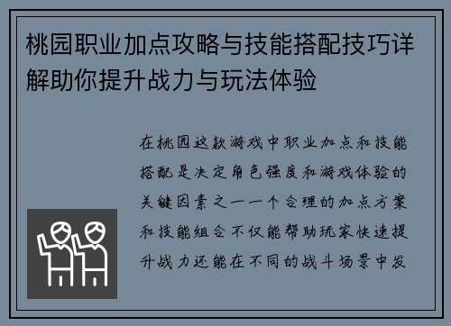 桃园职业加点攻略与技能搭配技巧详解助你提升战力与玩法体验