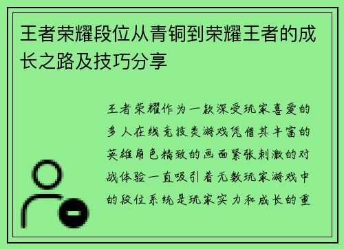 王者荣耀段位从青铜到荣耀王者的成长之路及技巧分享